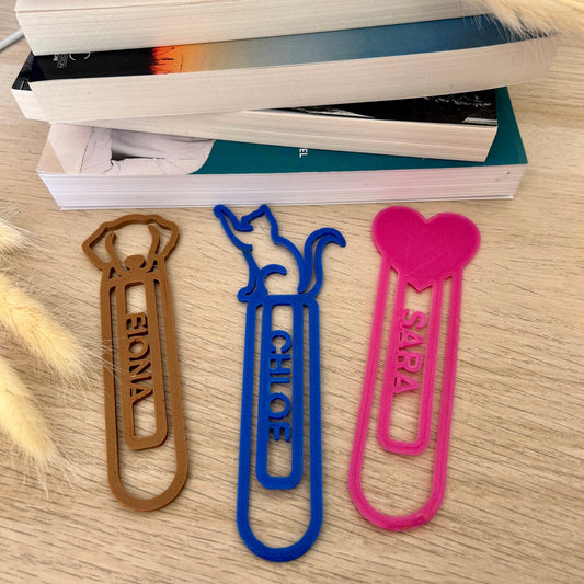 Marque-page personnalisé avec prénom et couleur – Idée cadeau original pour lecteur, modèles chat, cœur ou chien