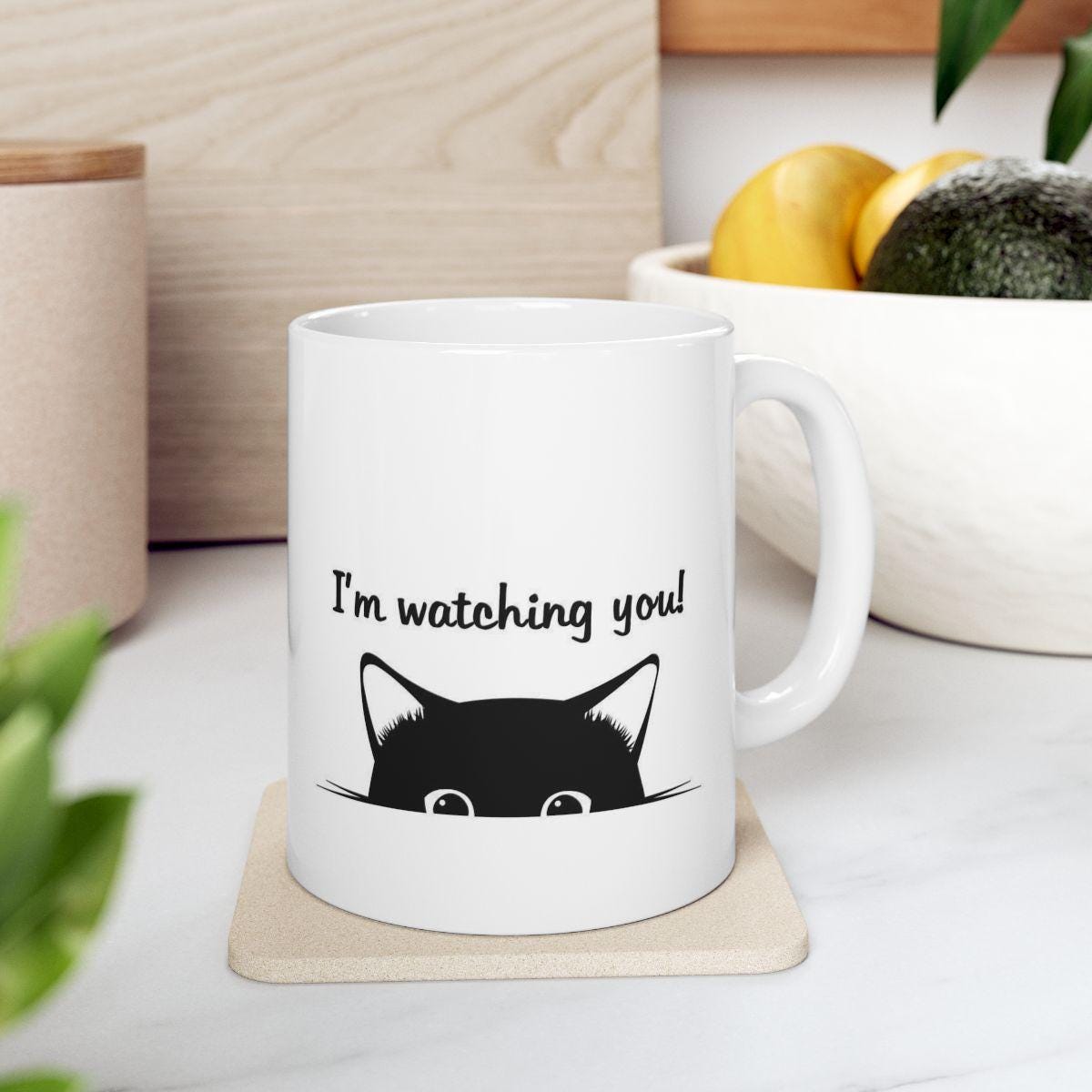 Tasse en céramique "I'm Watching You" – Illustration de Chat Espiègle cadeau chat pour les cat mom tasse avec illustration de chat mug