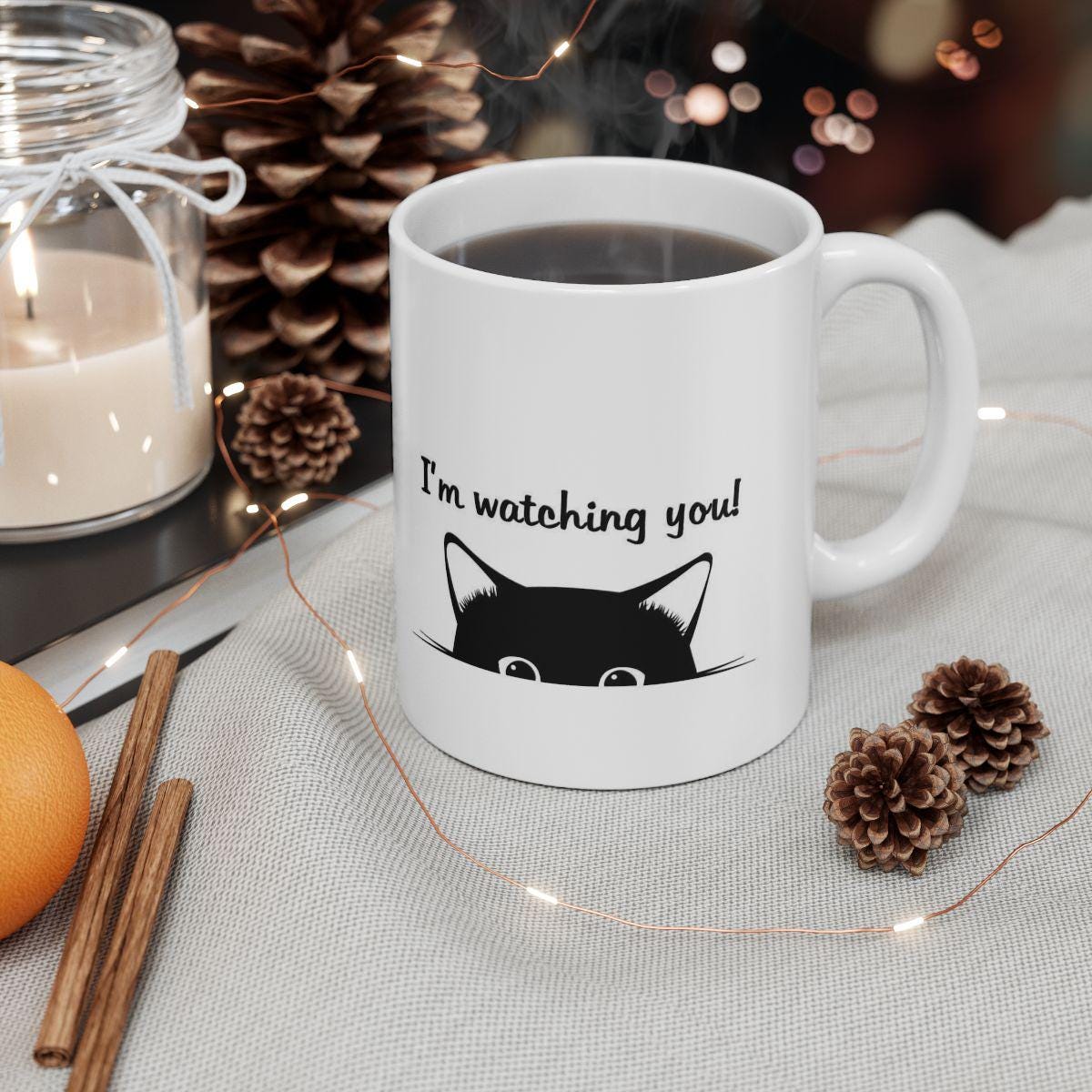 Tasse en céramique "I'm Watching You" – Illustration de Chat Espiègle cadeau chat pour les cat mom tasse avec illustration de chat mug