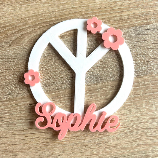 prénom symbole de paix à personnaliser avec fleurs, décoration murale peace enseigne à personnaliser prénom dessus de lit plaque de porte