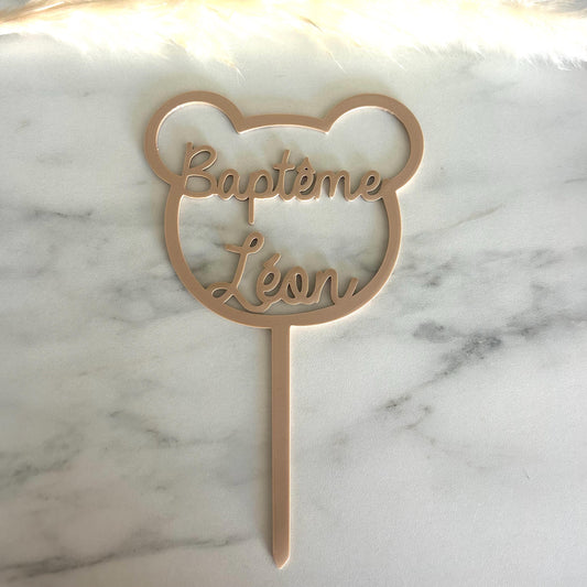 Cake topper ourson à personnaliser, pour gâteau d'anniversaire ou baptême bébé enfant, décoration de gâteau ours