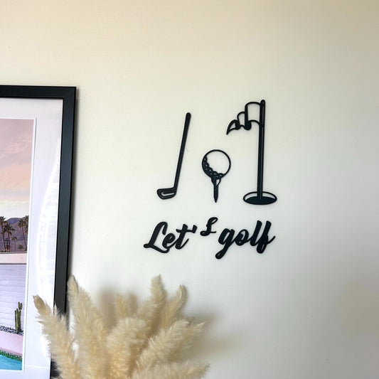 Décoration Murale “Let’s Golf” – Art mural Golf Moderne – Cadeau Original pour Golfeur – Club, Balle & Drapeau en Silhouette Noir
