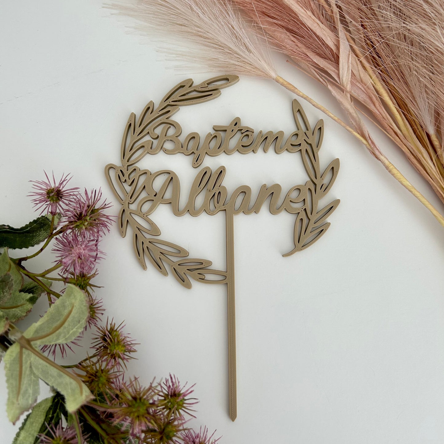 Cake topper personnalisé pour gâteau de baptême – Thème champêtre