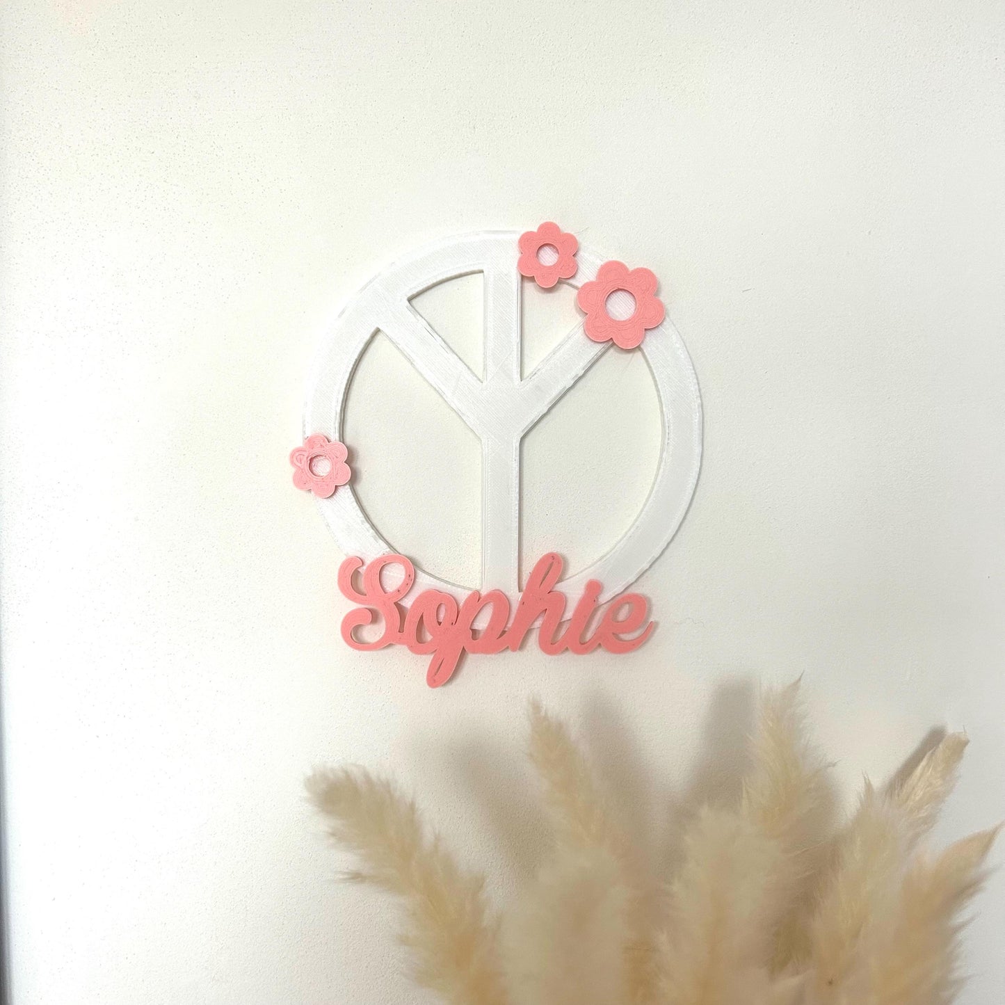 prénom symbole de paix à personnaliser avec fleurs, décoration murale peace enseigne à personnaliser prénom dessus de lit plaque de porte