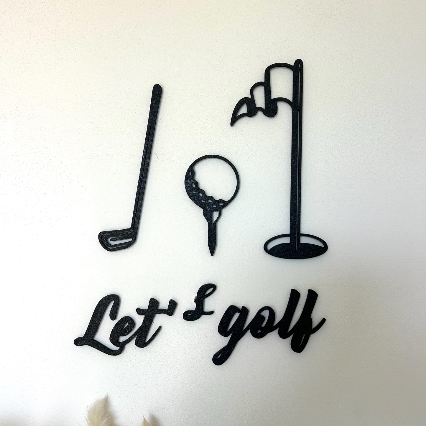 Décoration Murale “Let’s Golf” – Art mural Golf Moderne – Cadeau Original pour Golfeur – Club, Balle & Drapeau en Silhouette Noir