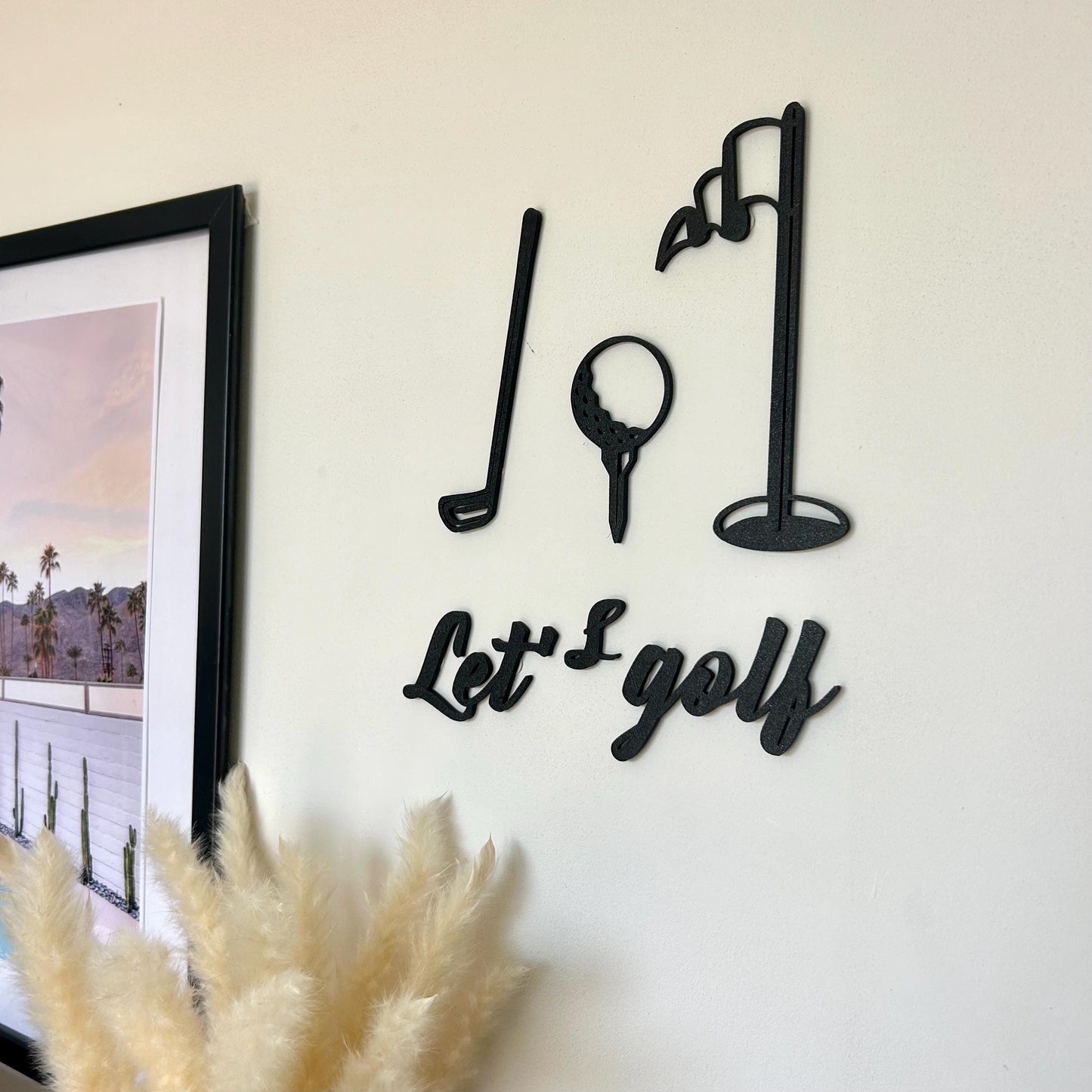 Décoration Murale “Let’s Golf” – Art mural Golf Moderne – Cadeau Original pour Golfeur – Club, Balle & Drapeau en Silhouette Noir