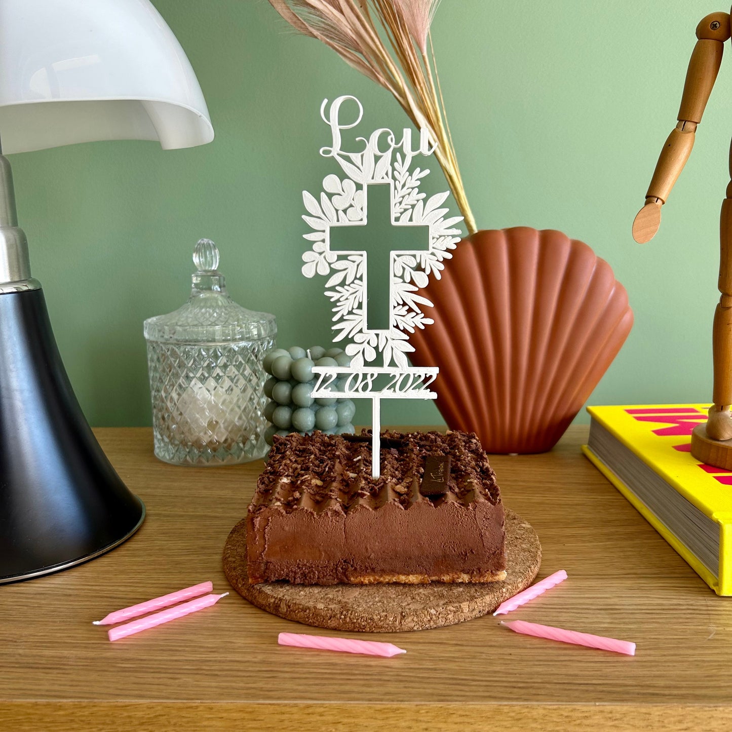 Cake topper pour gâteau de baptême personnalisé en forme de croix