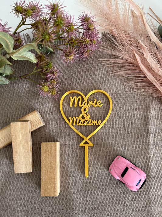 Cake Topper Cœur Personnalisé avec Prénoms – Décoration Gâteau Mariage et Couple